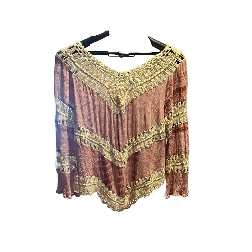 Umgee Boho Pink Tie Dye Top Size L Crochet open weave Festival High Low Hem - Picture 2 of 16